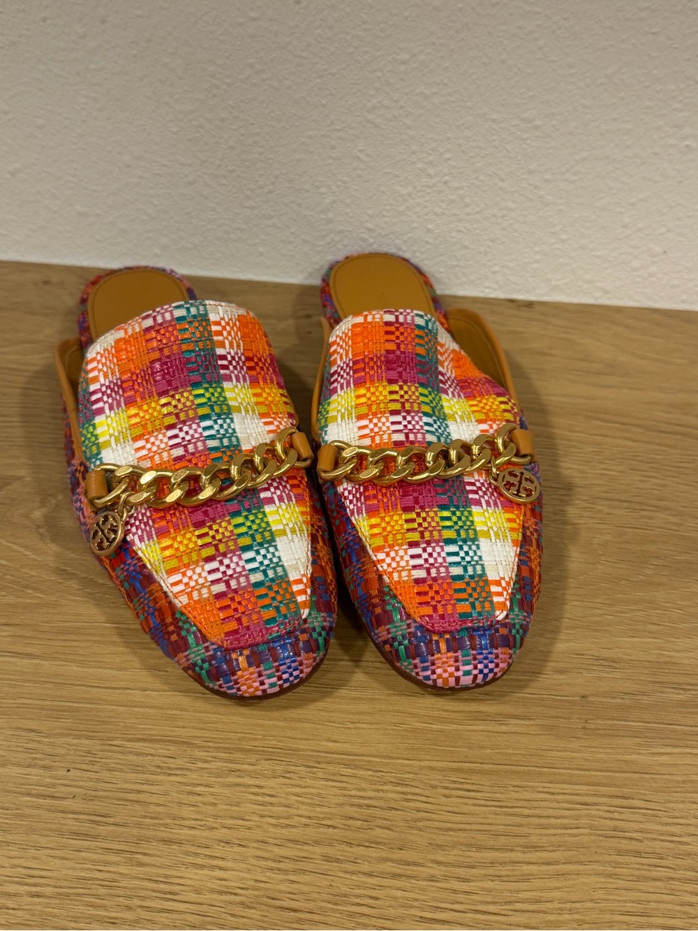 Tory Burch Multicolor Woven Chain-Trim Slip-On Flats